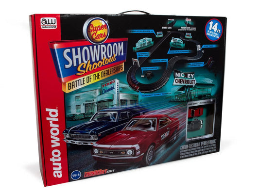 Auto World Hobbies & Creative Arts Auto World HO Scale 14' Showroom Shootout * Battle of the Dealerships Slot Race Set