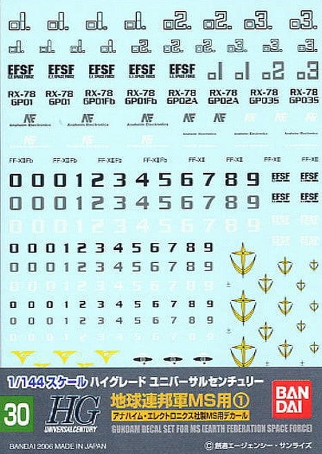 BAN Scale Model Accessories GD-30 E.F.S.F. MS 1 HGUC Mobile Suit Gundam Decal