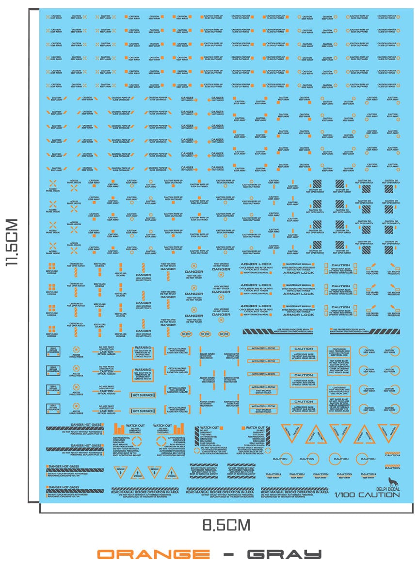 DELPI Scale Model Accessories Gray + Orange 1/100 Delpi Decal Mechanical Caution Water Decal