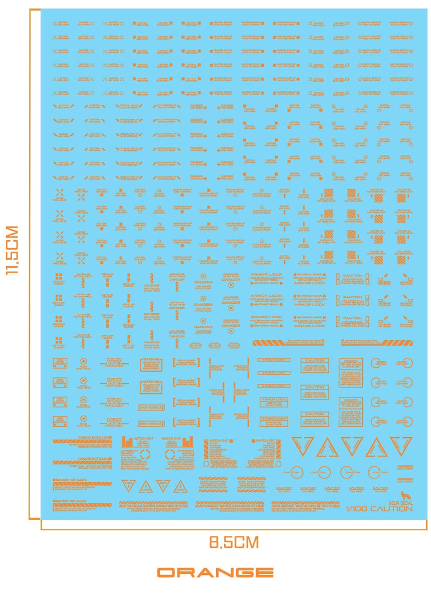 DELPI Scale Model Accessories Orange 1/100 Delpi Decal Mechanical Caution Water Decal