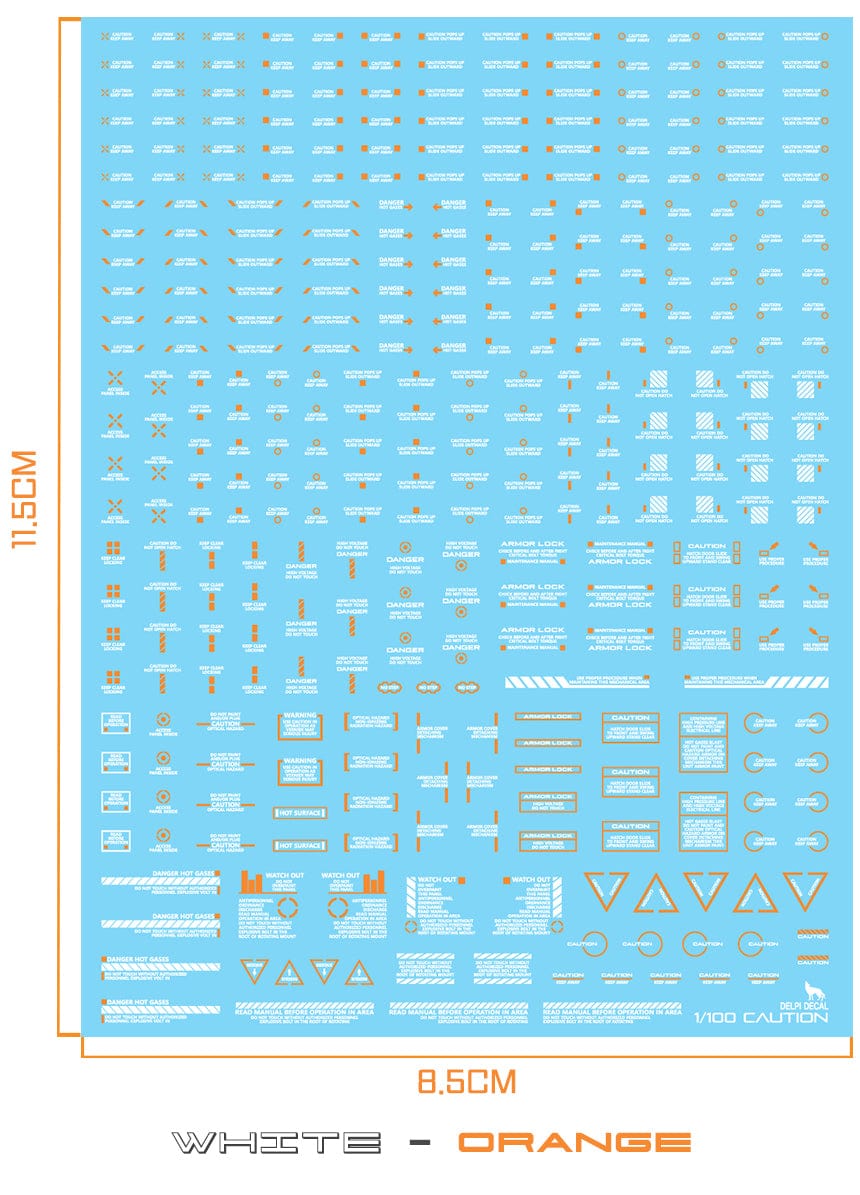 DELPI Scale Model Accessories White + Orange 1/100 Delpi Decal Mechanical Caution Water Decal